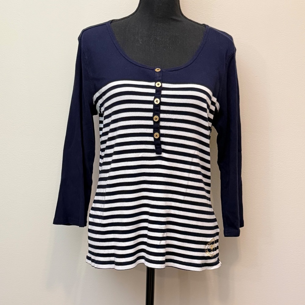 Tommy Hilfiger Women XL Navy Blue White Striped Henley Ribbed Knit Gold Nautical